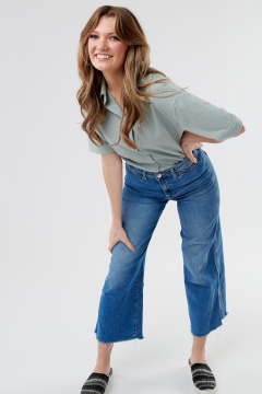 womens blue green collar neck drop shoulder top
